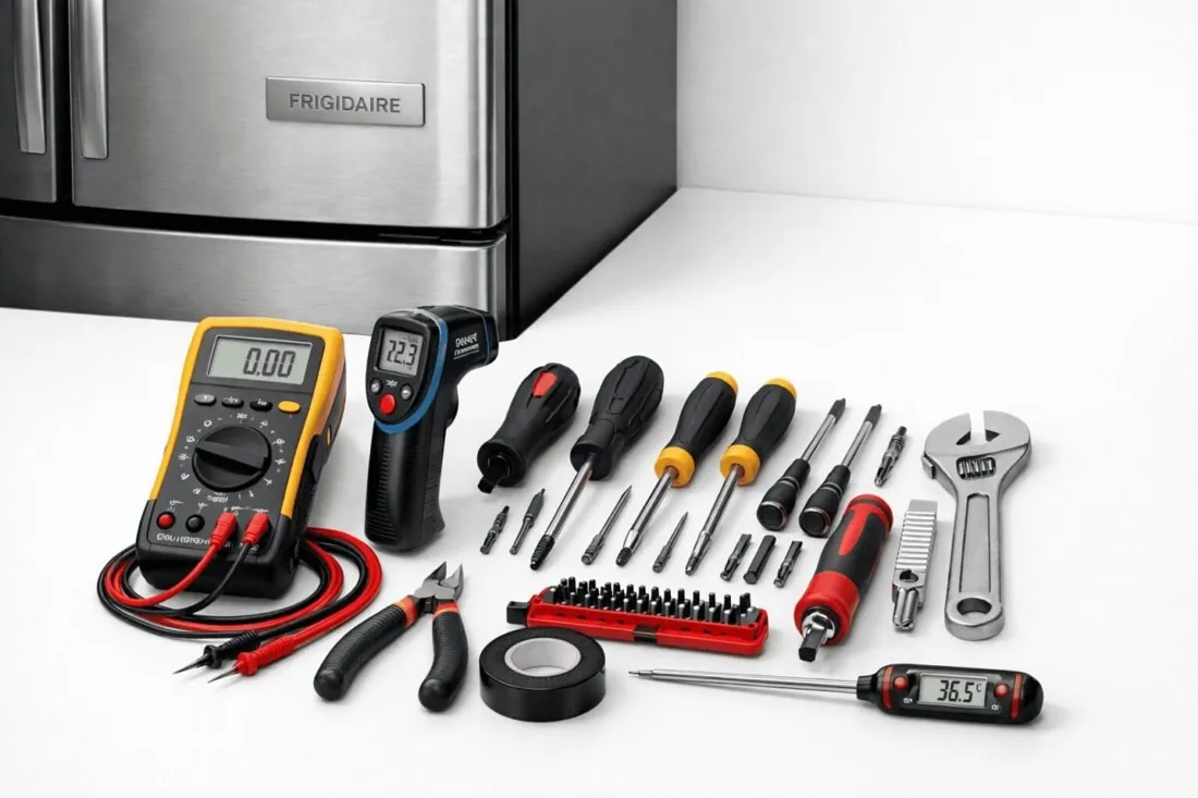 Professional appliance repair tools used by Houston technicians - multimeter, gauges and drivers